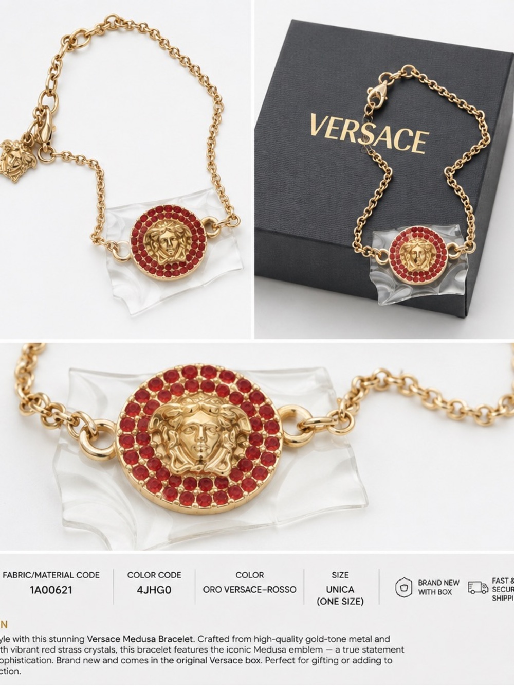 Versace Gold-Tone Medusa Bracelet with Red Crystal Accent